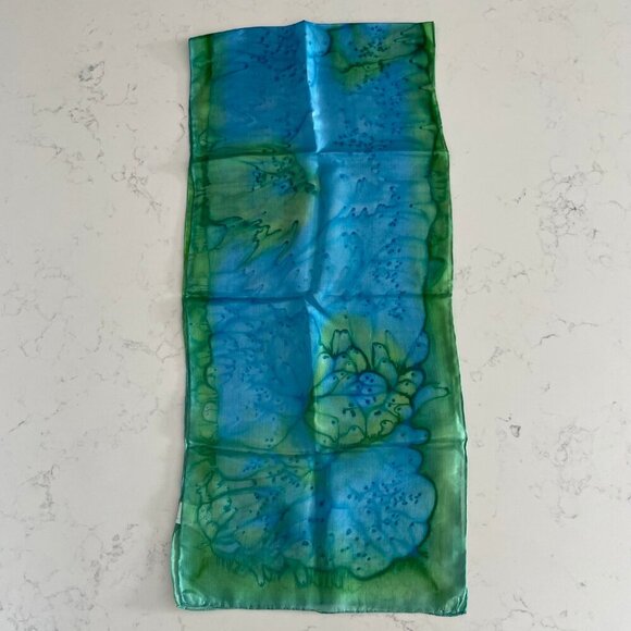 Luxurious Vintage Tie Dye 100% Silk Rectangle Scarf Vivid Blue Green Sz OS - Picture 6 of 8